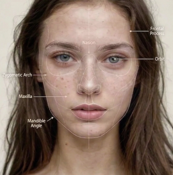 Close-up portrait with white-line facial mapping overlay: frontal process, orbit, nasion, zygomatic arch, maxilla, and mandible angle